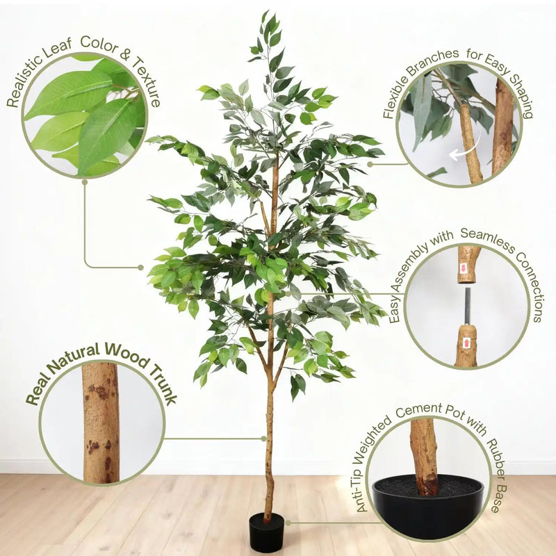 6FT Artificial Ficus Tree with Natural Trunk in Black Plastic Pot for Indoor Home Office Decor, 1pc/set