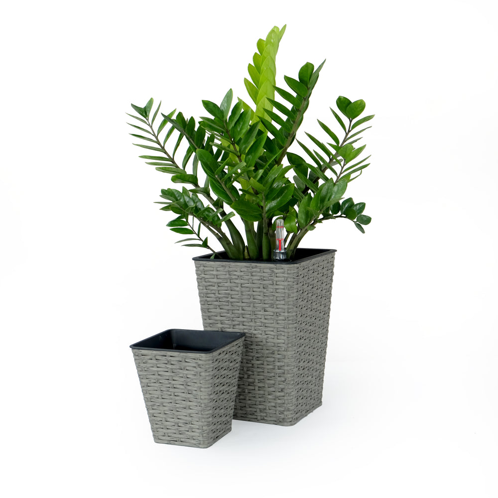 2-Pack Smart Self-watering Square Planter for Indoor and Outdoor - Hand Woven Wicker - Gray Media 1