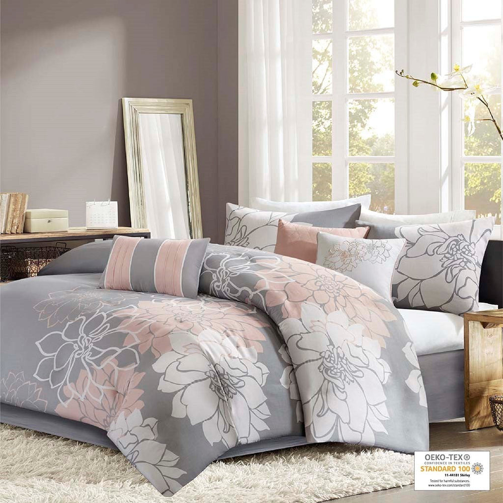 Printed Cotton Sateen Comforter Set Grey/Peach Cal King Media 8