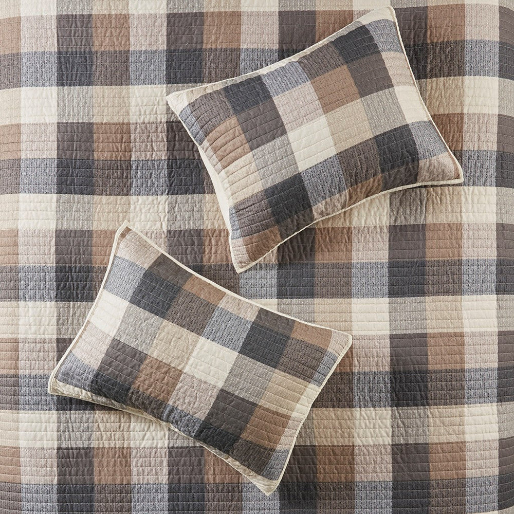 6 Piece Printed Herringbone Quilt Set with Throw Pillows Neutral Full/Queen Media 2