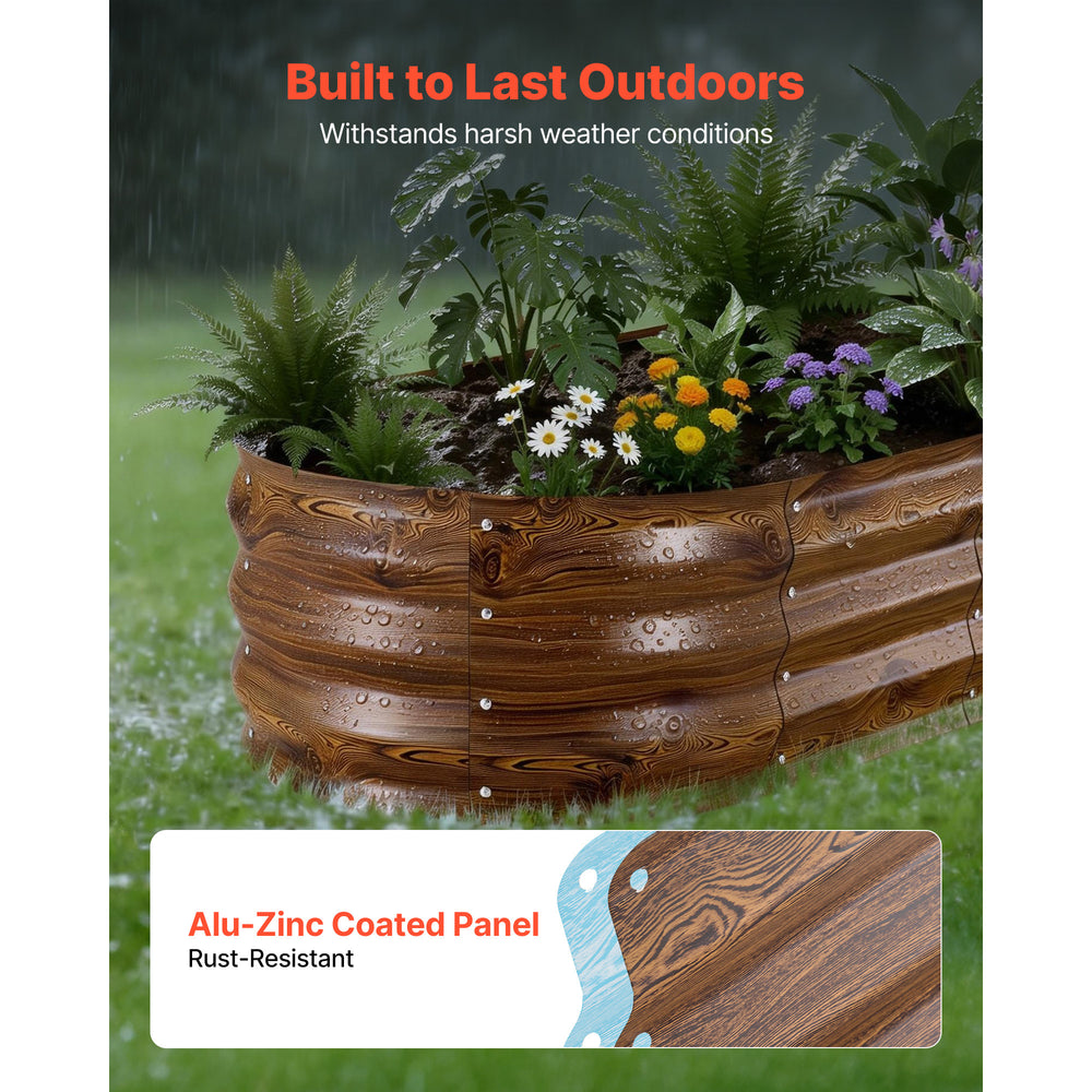 2 Pack Galvanized Raised Garden Beds, 4 x 2 x 1 ft, Oval Metal Planter Boxes Kit Outdoor, Bottomless Elevated Garden Box with Gloves, Alu-Zinc, for Planting Flowers Vegetables, Deep Wood Grain Media 5
