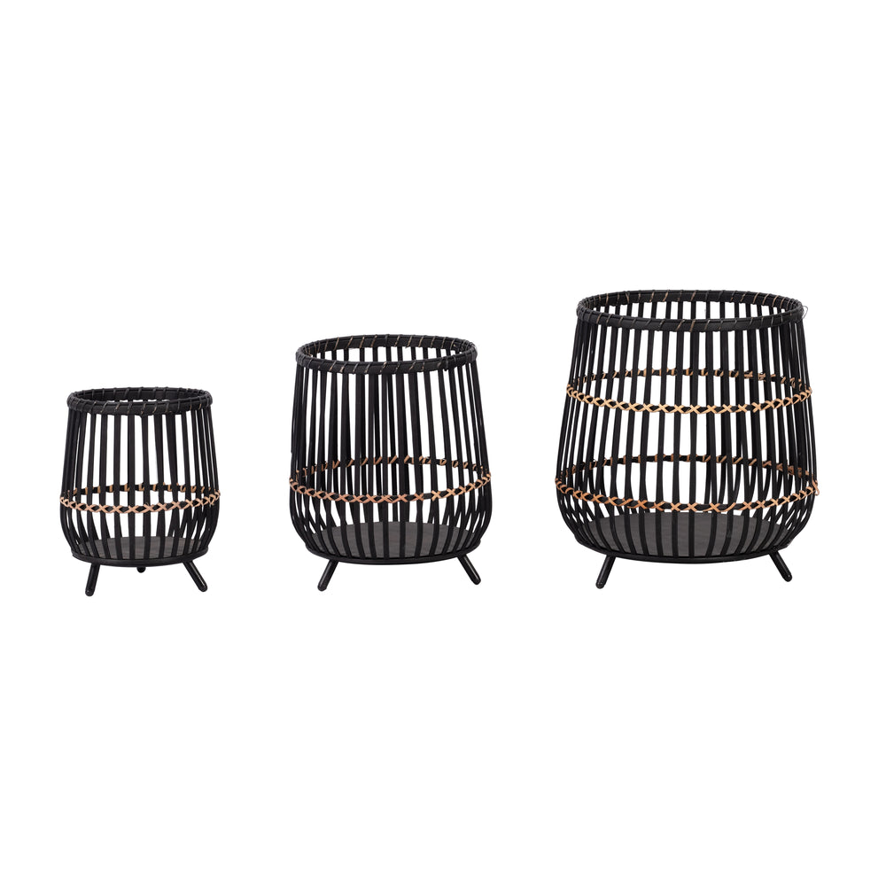 S/3 BAMBOO FOOTED PLANTERS 17/14/10', BLACK Media 3