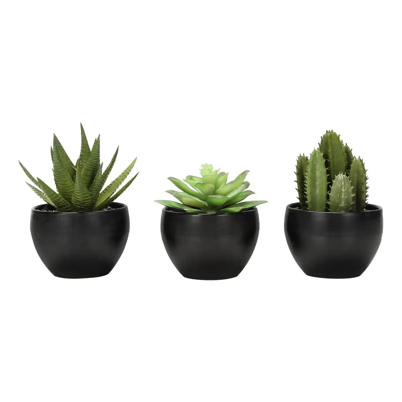 Artificial Succulent Plants Set of 3, 6' Tall, Green Faux Indoor Decor in Black Melamine Pots, Tabletop Greenery for Home Office