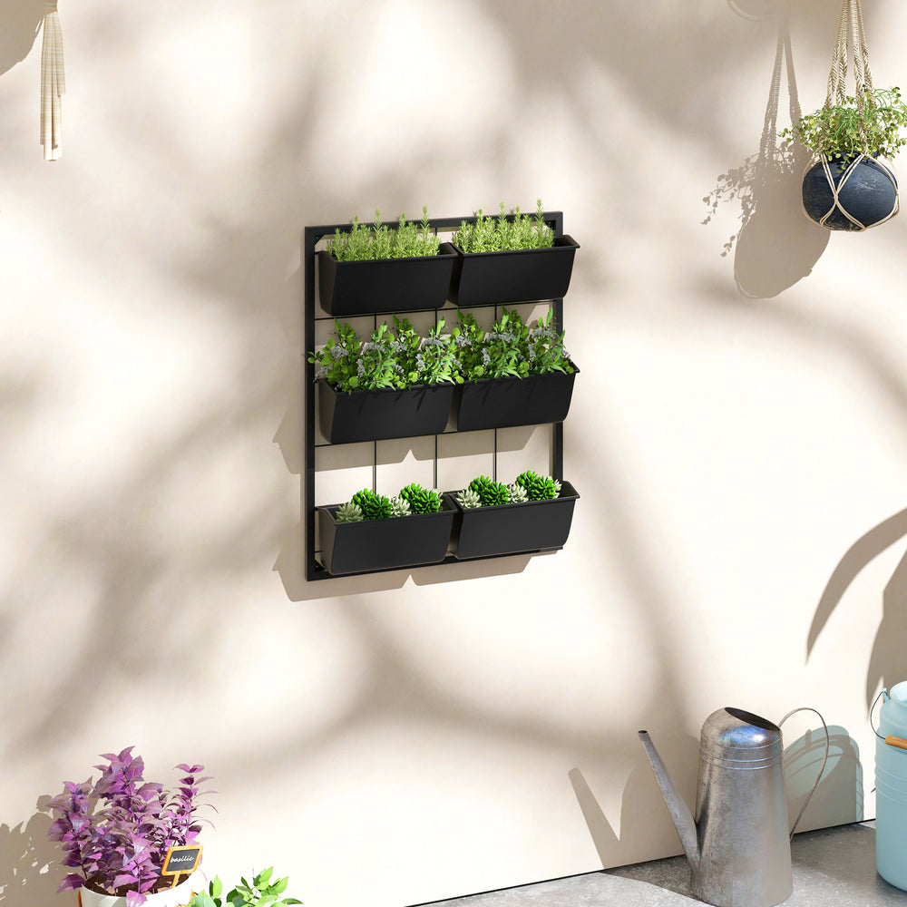 Outsunny 3-Tier Wall Planter with 6 Pots for Indoor and Outdoor Use, Hanging Plant Holder, Self Draining Wall Mounted Planter for Vegetables, Flowers, Herbs, Black Media 2