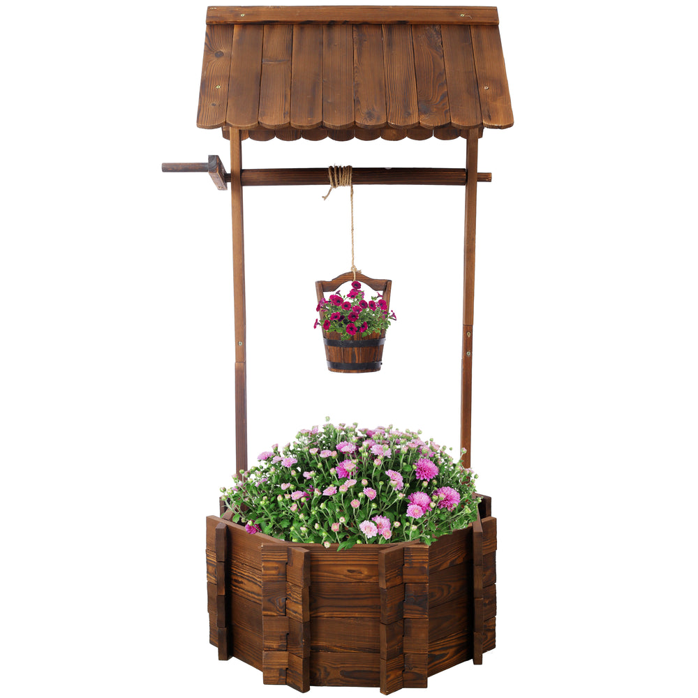 Rustic Wooden Wishing Well Planter Outdoor Home Décor for Patio, Garden, Yard w/Hanging Bucket Media 11