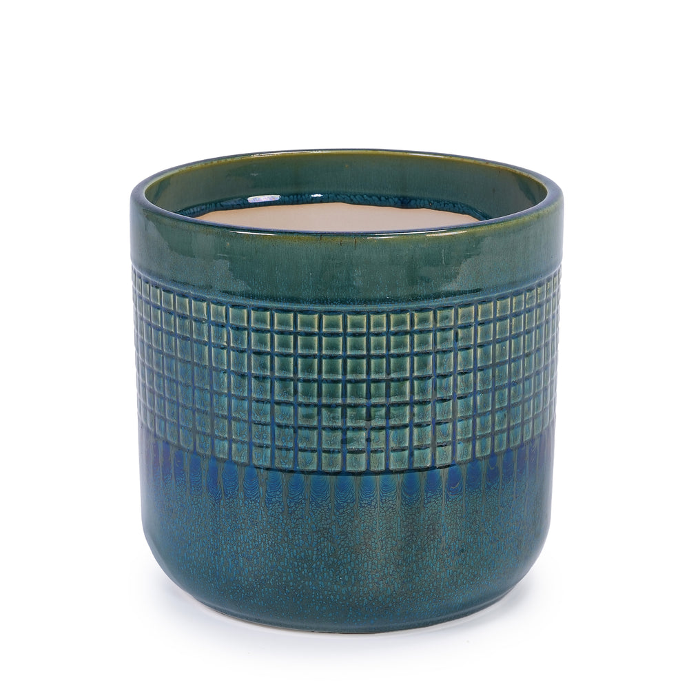 Set of 3 Grid Ceramic Flowerpot, Modern Planter for Patio, Garden, Windowsill - Blue Green Media 8