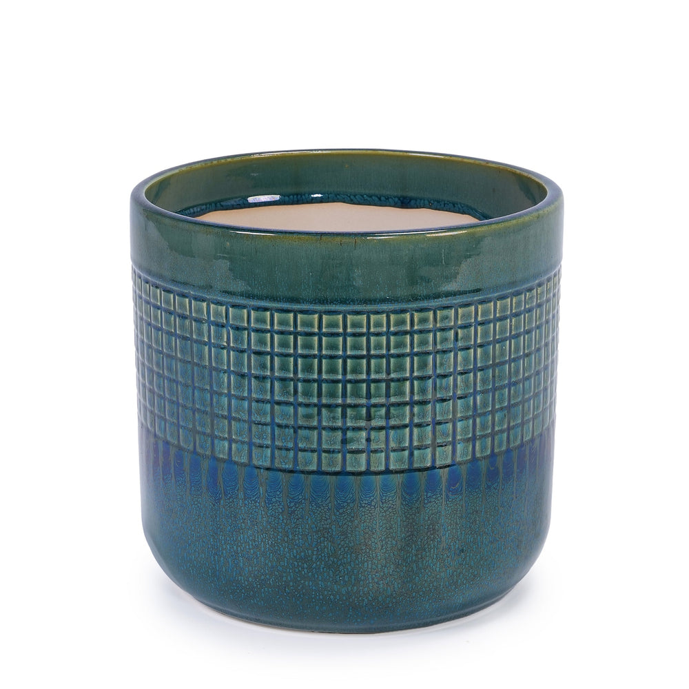 Set of 3 Grid Ceramic Flowerpot, Modern Planter for Patio, Garden, Windowsill - Blue Green Media 8