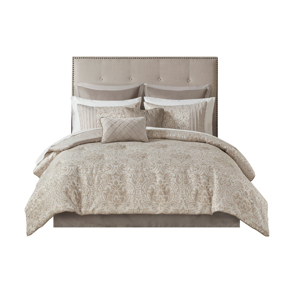 12 Piece Jacquard Comforter Set with Bed Sheets Khaki Cal King Media 17