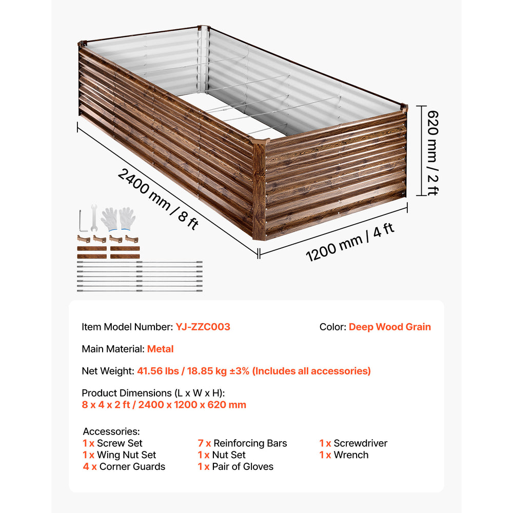 Galvanized Raised Garden Bed, 8 x 4 x 2 ft, Rectangular Metal Planter Box Kit Outdoor, Bottomless Elevated Planting Box with Gloves, Alu-Zinc, for Growing Flowers Vegetables, Deep Wood Grain Media 3