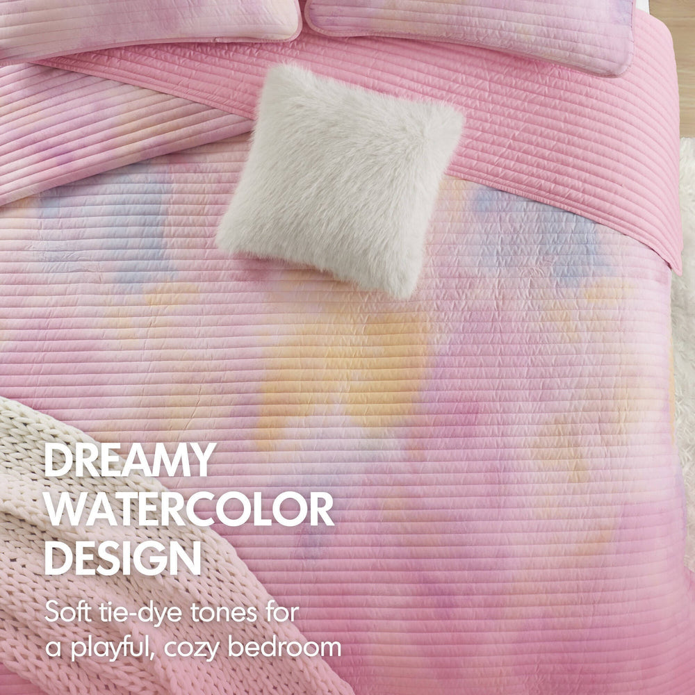 3 Pieces Twin/Twin XL Watercolor Tie Dye Printed Quilt Set with Throw Pillow,Pink Media 7