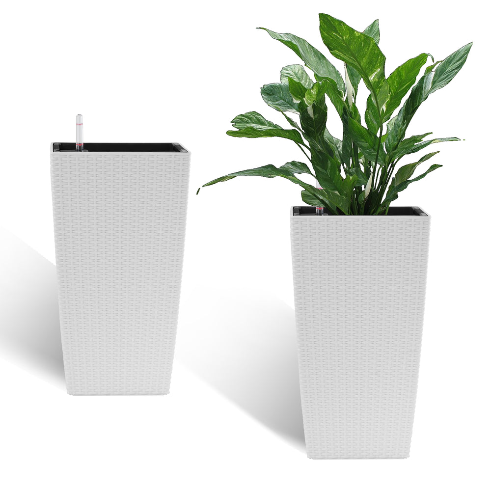 Indoor/Outdoor Modern Faux Rattan Design Square Planter, 22.6 inch White Plastic Large Planter with Automatic Watering System for Home and Garden (White, 22.6 inch - 2 Pack) Media 4