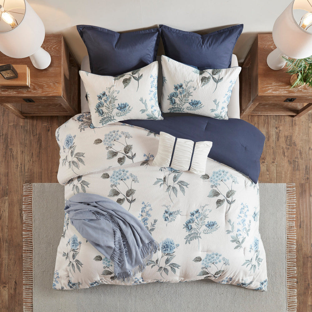 7 Piece Printed Seersucker Comforter Set with Throw Blanket Blue King/Cal King Media 6