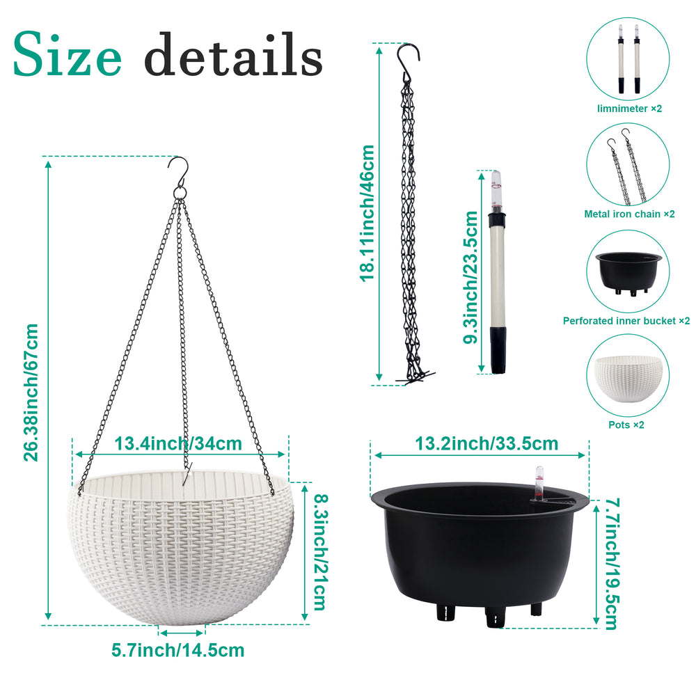13.4 inch Self-Watering Hanging Rattan-Inspired Planter Large Capacity, Root-Rot Resistant Water Storage with Water Level Indicator, Dual-Use for Indoor & Balcony Decoration (Pack of 2, White) Media 9