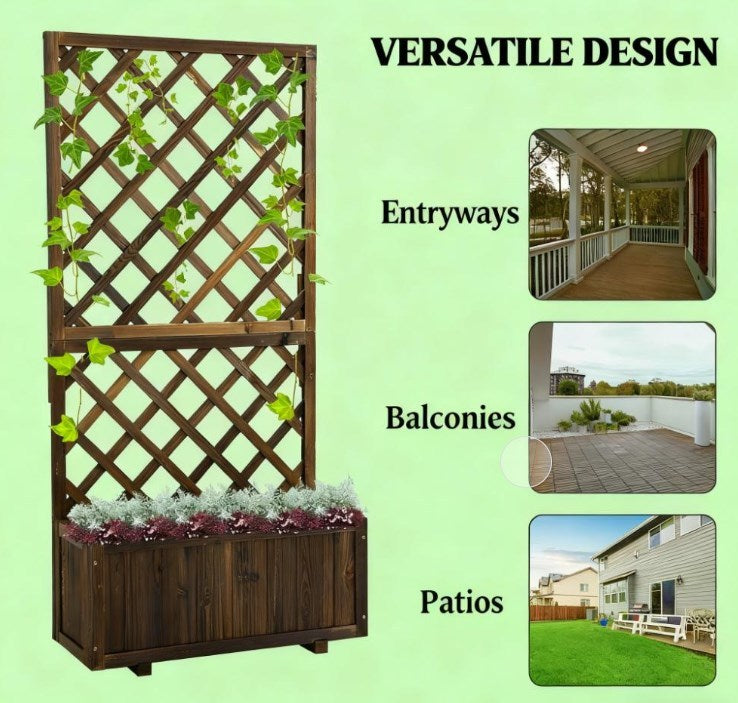 Garden Bed,Wooden Raised Garden Bed Planting Planter Box with Trellis and Drain Holes for Climbing Vine Plants Media 6
