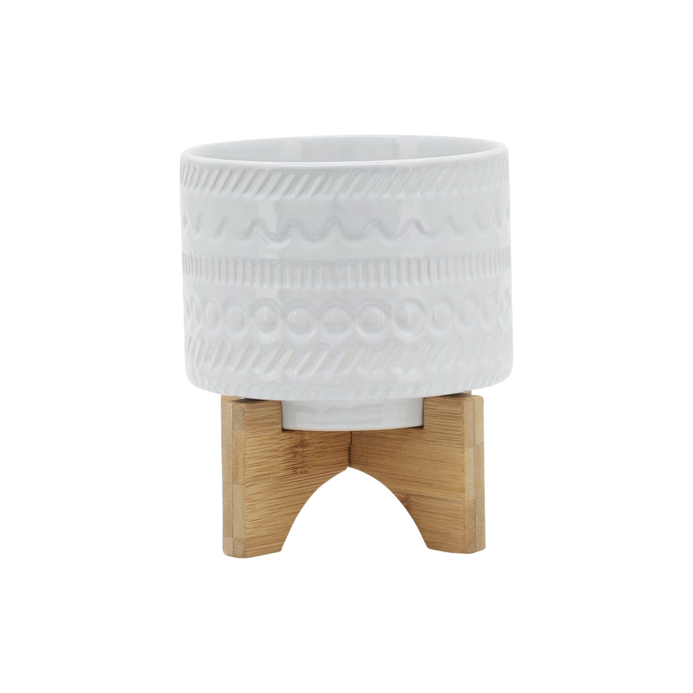 5' TRIBAL PLANTER W/ WOOD STAND, WHITE Media 2