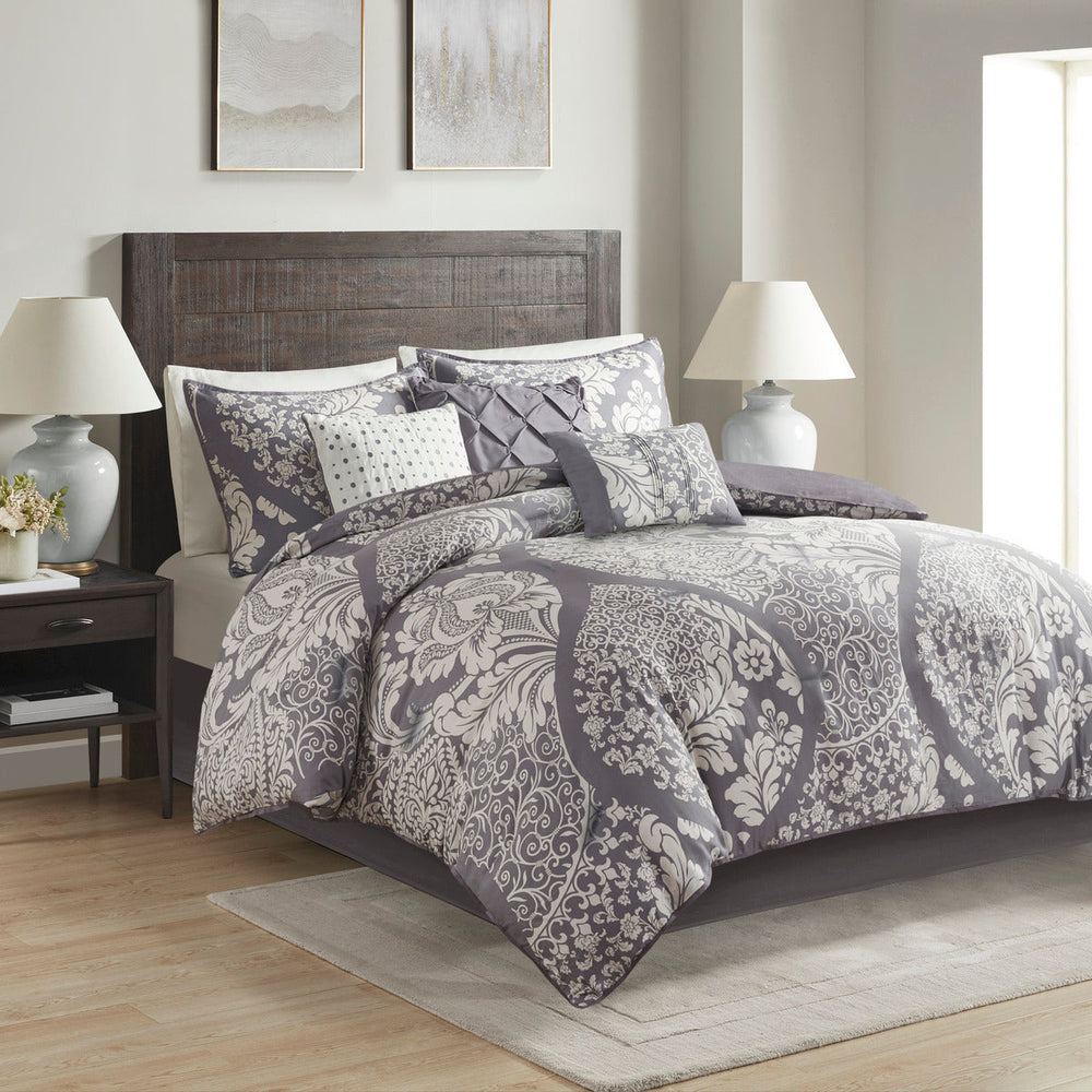 7 Piece Cotton Printed Comforter Set Grey Queen Media 7
