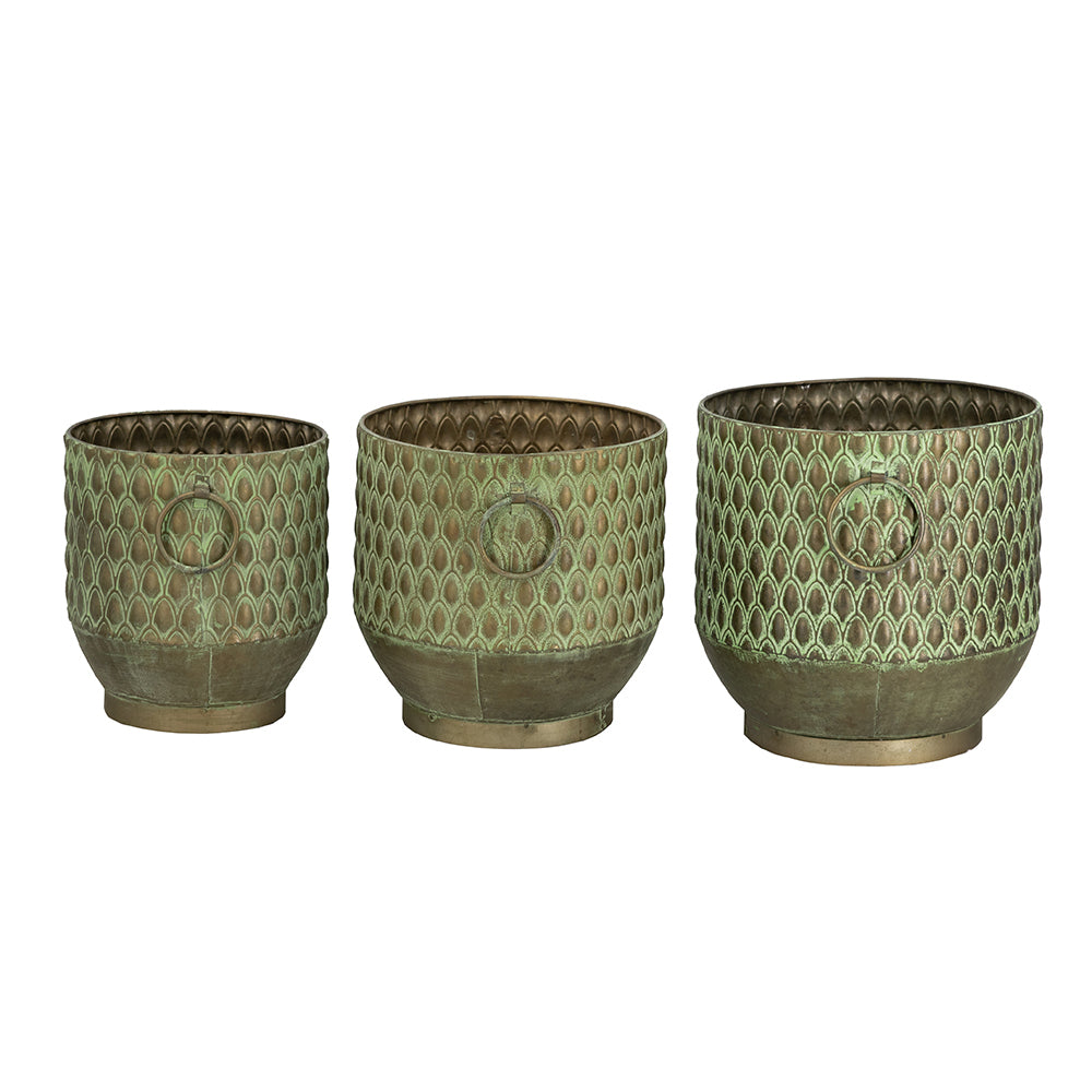 S/3 Textured Green Iron Planters with Tapered Bases Media 2