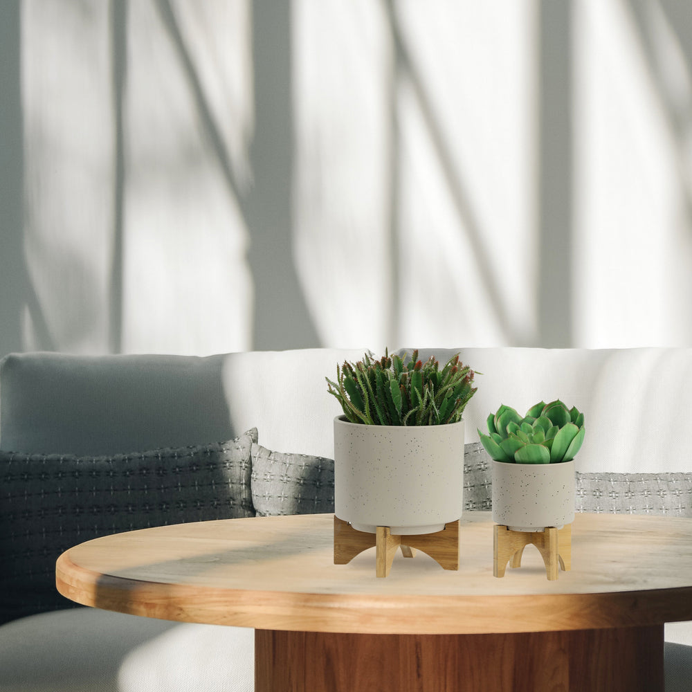 S/2 5/8' PLANTER W/ WOOD STAND, MATTE BEIGE Media 8