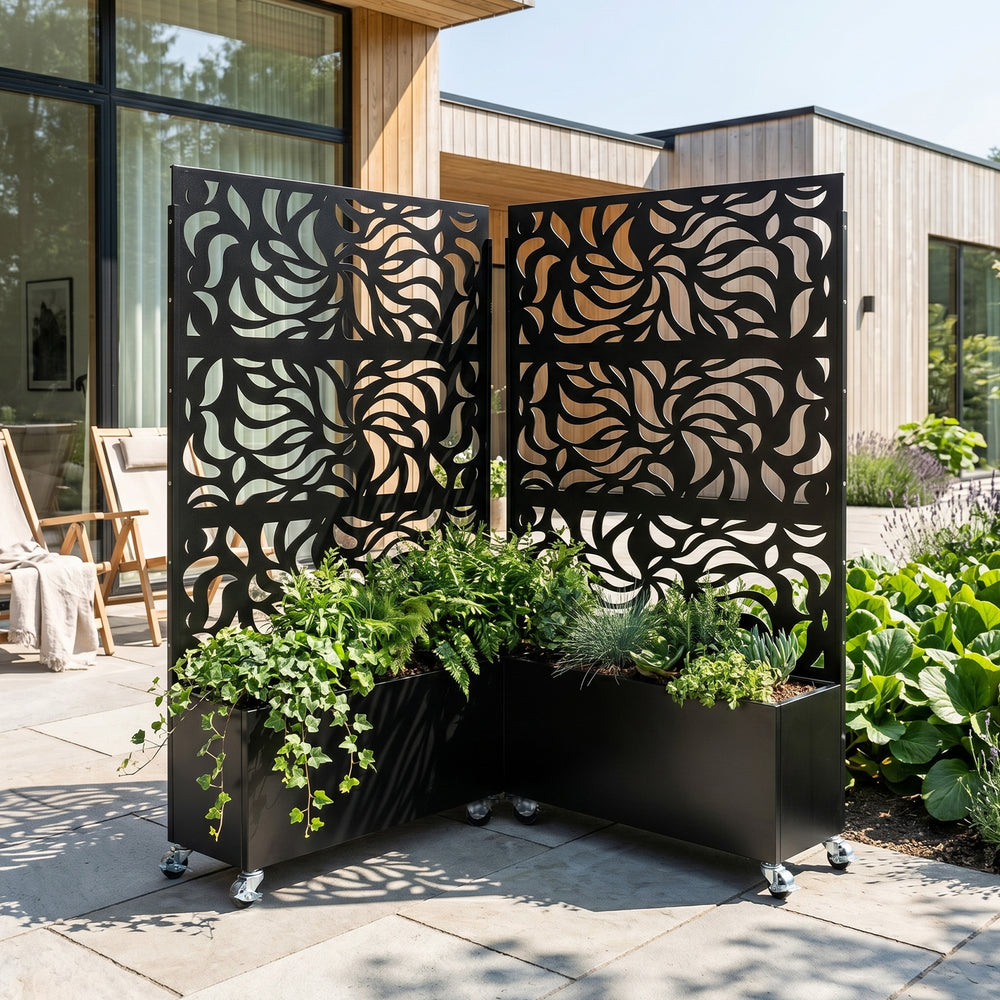 70.87' H × 46.06' W Leaf Pattern Privacy Screen with Planter Box, Black Metal Freestanding Decorative Fence Planter for Patio Balcony Backyard Media 8