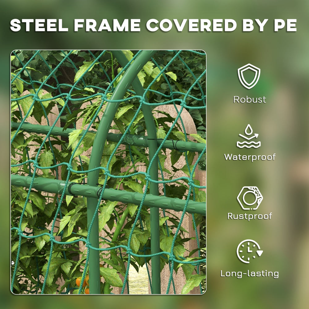 Outsunny Cucumber Trellis, 6' Tall Arch Trellis for Climbing Plants Outdoor, A-Frame, with Plastic Coated Steel Frame and Climbing Net, Support Vegetables, Peas, Fruit & Vines, Green Media 6