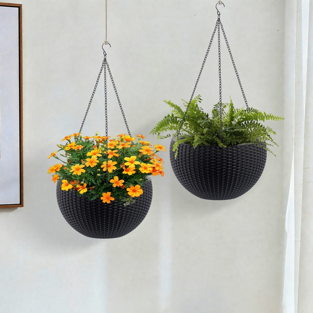 13.4 inch Self-Watering Hanging Rattan-Inspired Planter Large Capacity, Root-Rot Resistant Water Storage with Water Level Indicator, Dual-Use for Indoor & Balcony Decoration (Pack of 2, Black Color) Media 2
