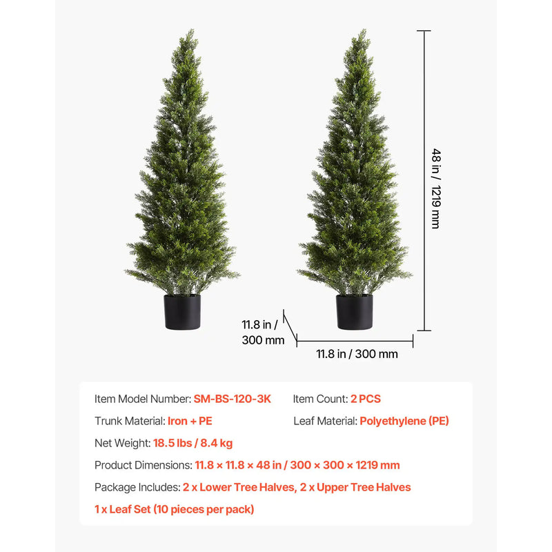 Artificial Topiary Cedar Trees, 48 inch 2 Set Faux Pine Shrubs Plants, Fake Silk Tree Look Real, Easy Assembly for Decor Front Porch Outdoor Patio Garden Balcony Backyard Indoor Office