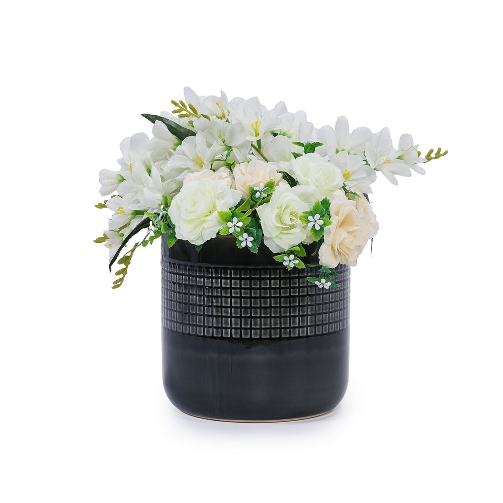 Handmade Black Glazed Ceramic Planter Set of 3, 9' 7' 6' Diameter, Grid Pattern, for Succulents & Cacti Indoor/Outdoor Shelf & Table Use, Porous Clay with Drainage Holes Media 7