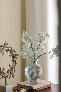 Round Clear Glass Vase with Blue and Gold Botanical Motifs perspective