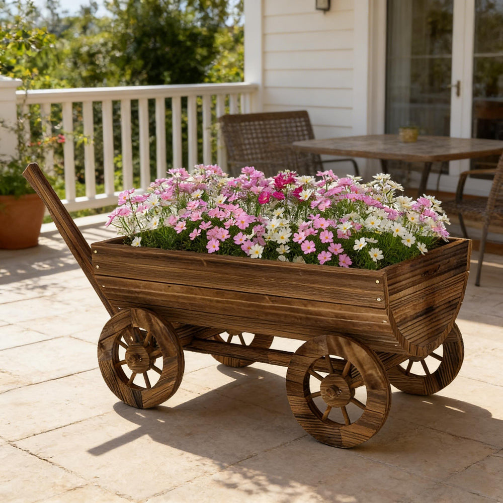 Small Wheelbarrow Wagon Flower Cart,Wooden Mobile Garden Planter Media 5