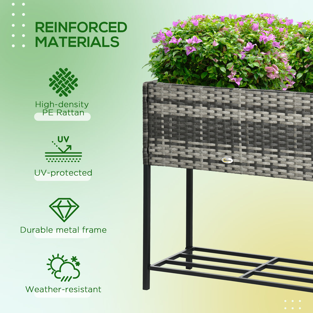 Outsunny Raised Garden Bed, Elevated Planter Box with Rattan Wicker Look, Tool Storage Shelf, Portable Design for Herbs, Vegetables, Flowers, Gray Media 4