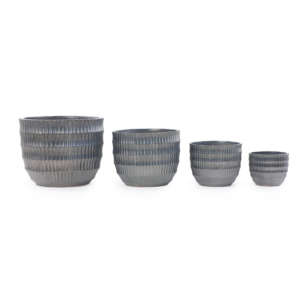 Handmade Matte Metallic Charcoal Gradient Glaze Ceramic Planter Set of 4, 7/9/12/14 Inch, Horizontal Grooves, Indoor & Outdoor Herb Succulent Pots, Breathable Clay with Drainage Holes Media 8
