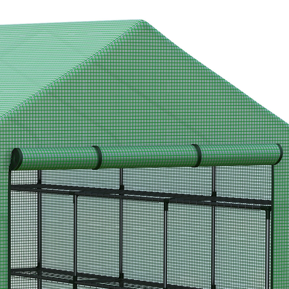Walk-in Greenhouse for Outdoors with Roll-up Zipper Door, 18 Shelves, PE Cover, Small & Portable Build, Heavy Duty Humidity Seal, 95.25' x 70.75' x 82.75', Green Media 9