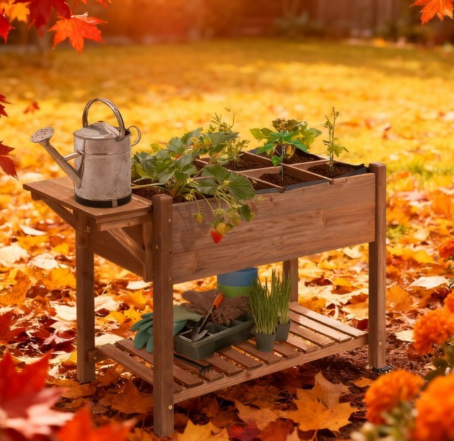 Planter Box,Wooden Garden Box,with 8 Pockets and Lockable Wheels,Foldable Side Clapboard,Elevated and Self-Draining Design Media 1