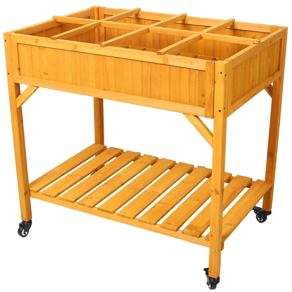 Elevated 8 Pocket Herb Garden Bed, Mobile Raised Customizable Wood Planter for Herbs, Vegetables, Flowers w/ Lockable Wheels, Storage Shelf, Drainage Holes Media 2