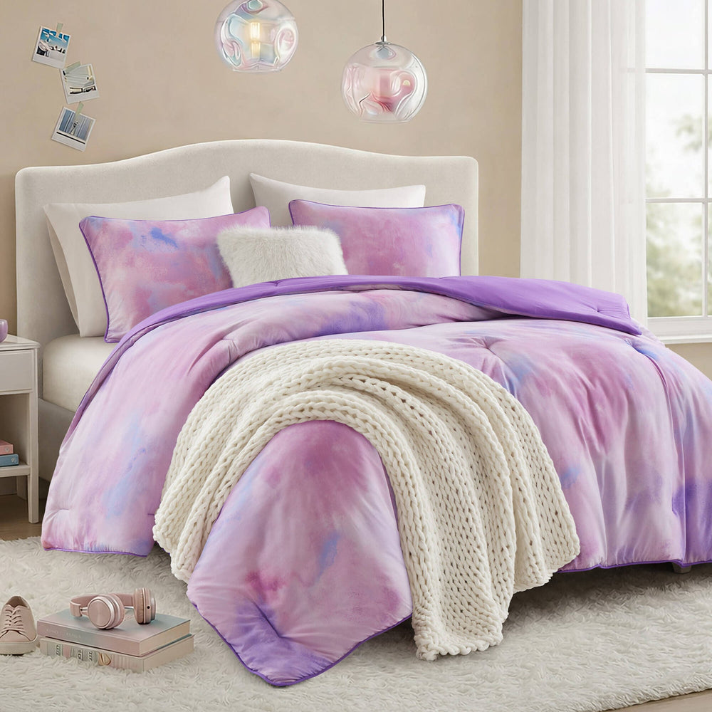 4 Pieces King/Cal King Watercolor Tie Dye Printed Comforter Set with Throw Pillow,Purple Media 2