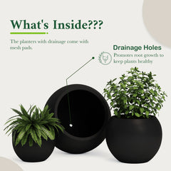 DTY Fiberstone Globe Planter Indoor Outdoor — Lightweight Sphere Ball Pot for Olive Tree, Monstera & Palm | Fiberglass Stone | UV Resistant, Drainage Hole | 2 Coco Mats | Black | 12.6" D × 10" H perspective
