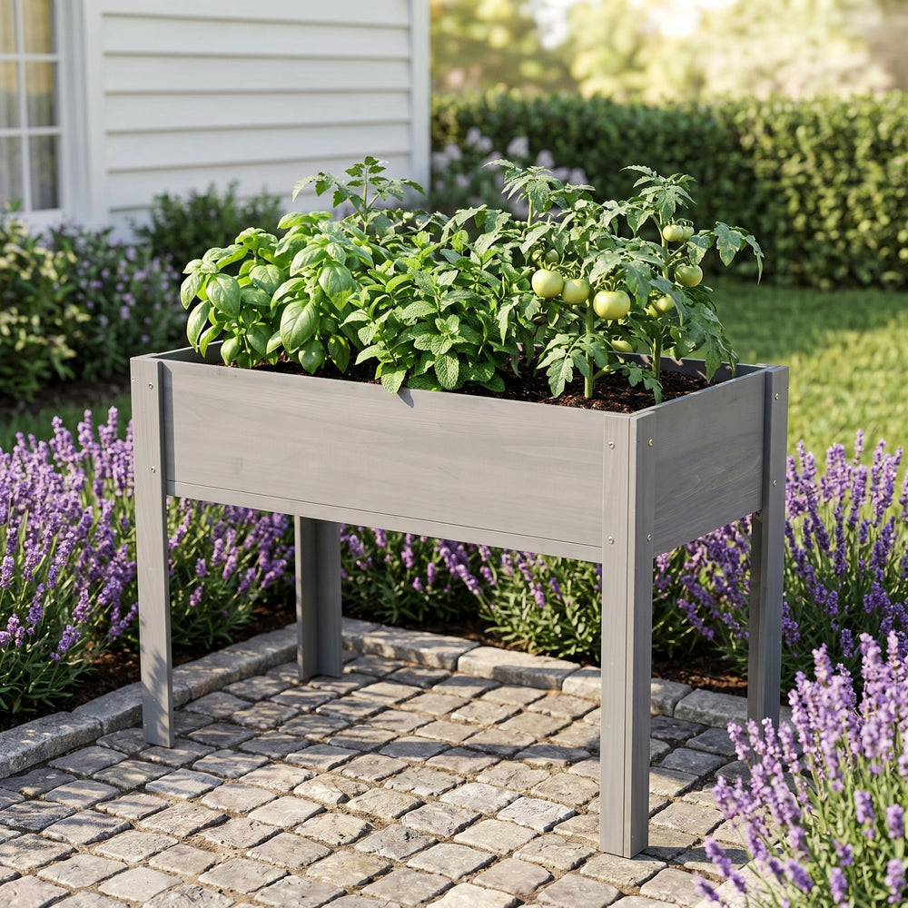 Elevated Wooden Garden Bed 40x20x31 inch with Legs for Outdoor Plants Flowers Fruits Vegetables Herbs in Grey Solid Wood Media 5
