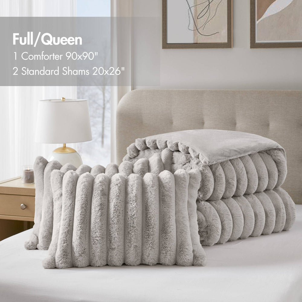 3 Pieces King  soft Faux Fur Ribbed Comforter Set,Light Gray Media 4