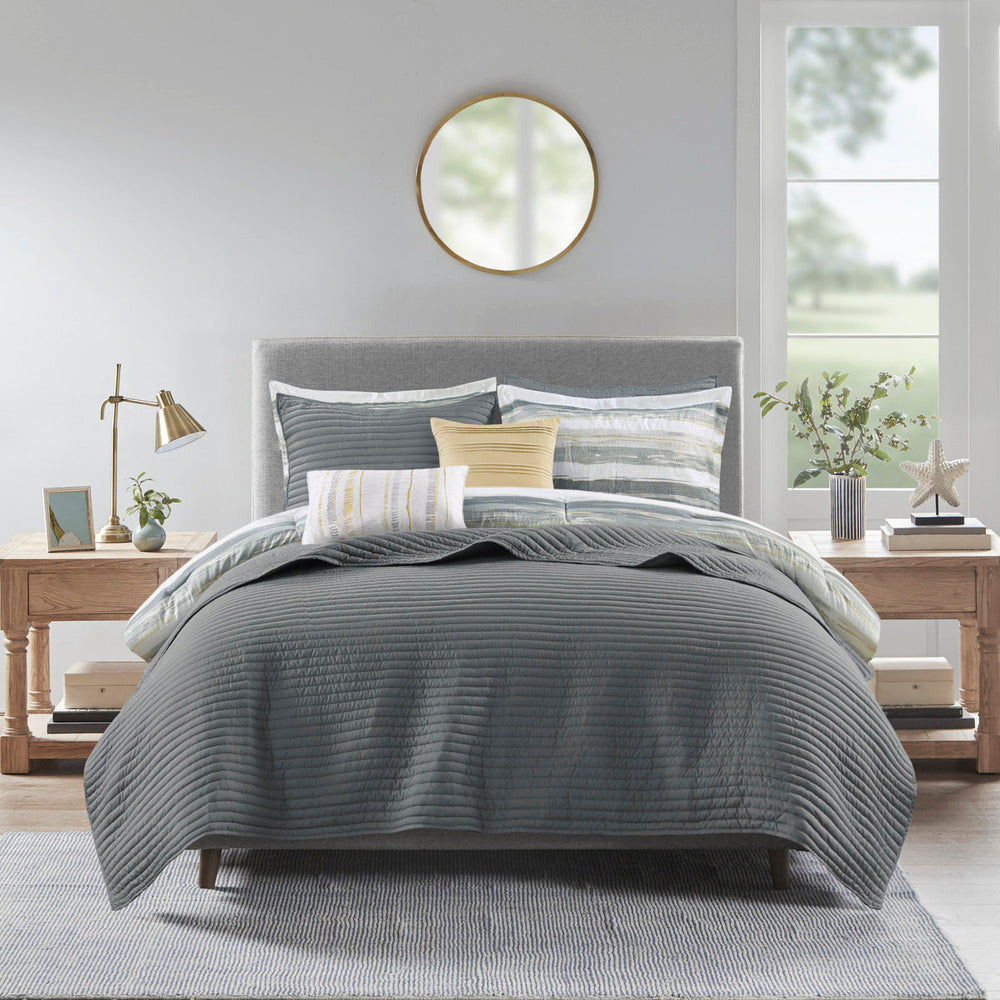 8 Piece Printed Seersucker Comforter and Quilt Set Collection Yellow King/Cal King Media 2