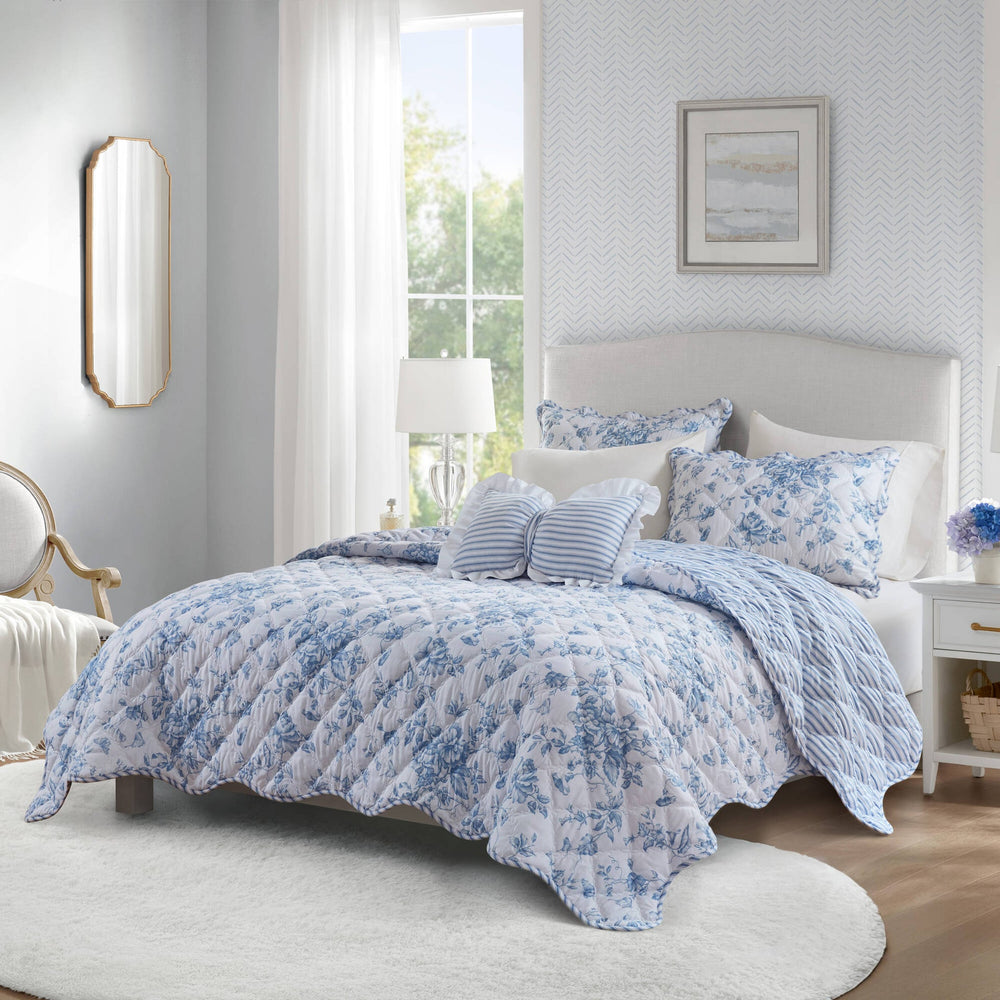 4 Pieces Full/Queen  Quilt Set with Decorative Pillow,Blue Media 1