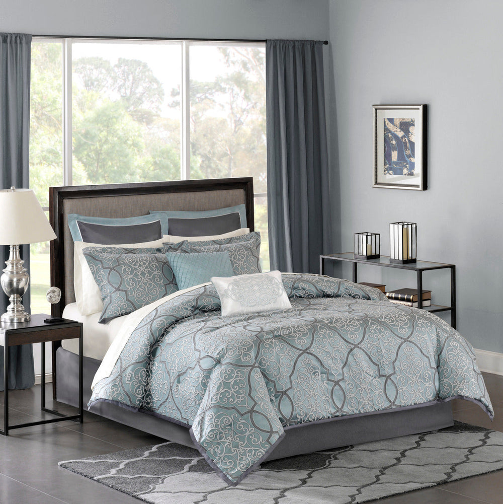 12 Piece Comforter Set with Cotton Bed Sheets Blue King Media 1