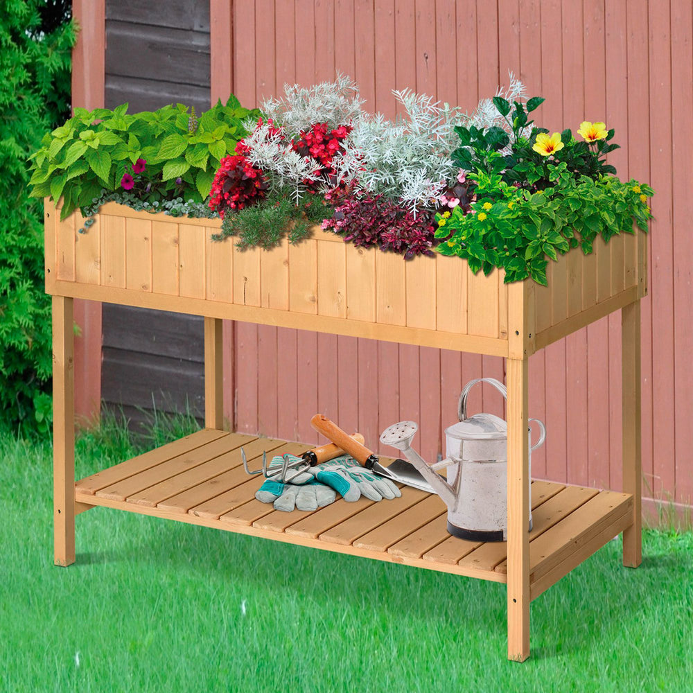 Outsunny 43x18x30in Raised Garden Bed with 8 Pockets and Shelf, Wooden Elevated Planter Box with Legs to Grow Herbs, Vegetables, and Flowers, Natural Media 8