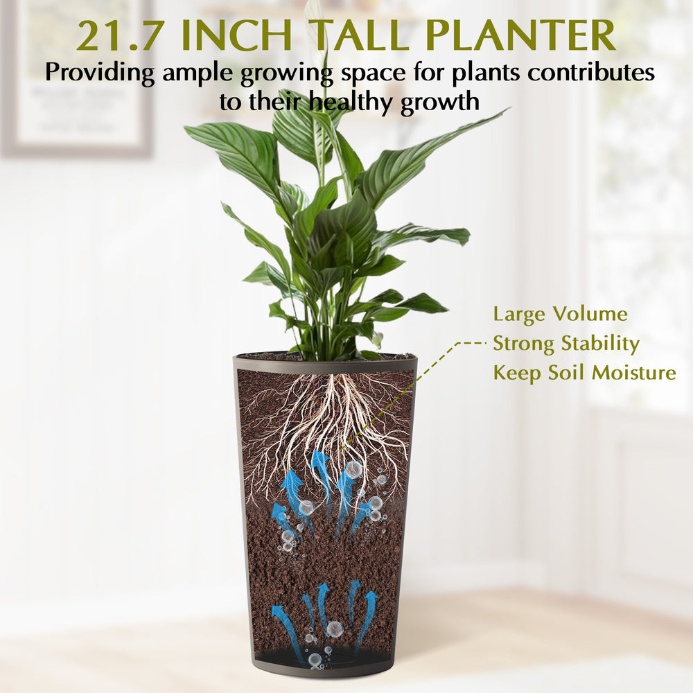 2 Pack Tall 21.7 in Planters for Outdoor Plants Modern Tall Square Planter Box Indoor Outdoor Porch Patio Flower Pot Modern Big Tapered Matte Tree Flower Pot for Garden, (Brown) Media 5