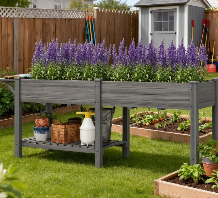 Spacious Elevated Garden Bed,Wood Raised Garden Box,with Side Table,Bottom Shelf,Bed Liners and Drainage Holes Media 8