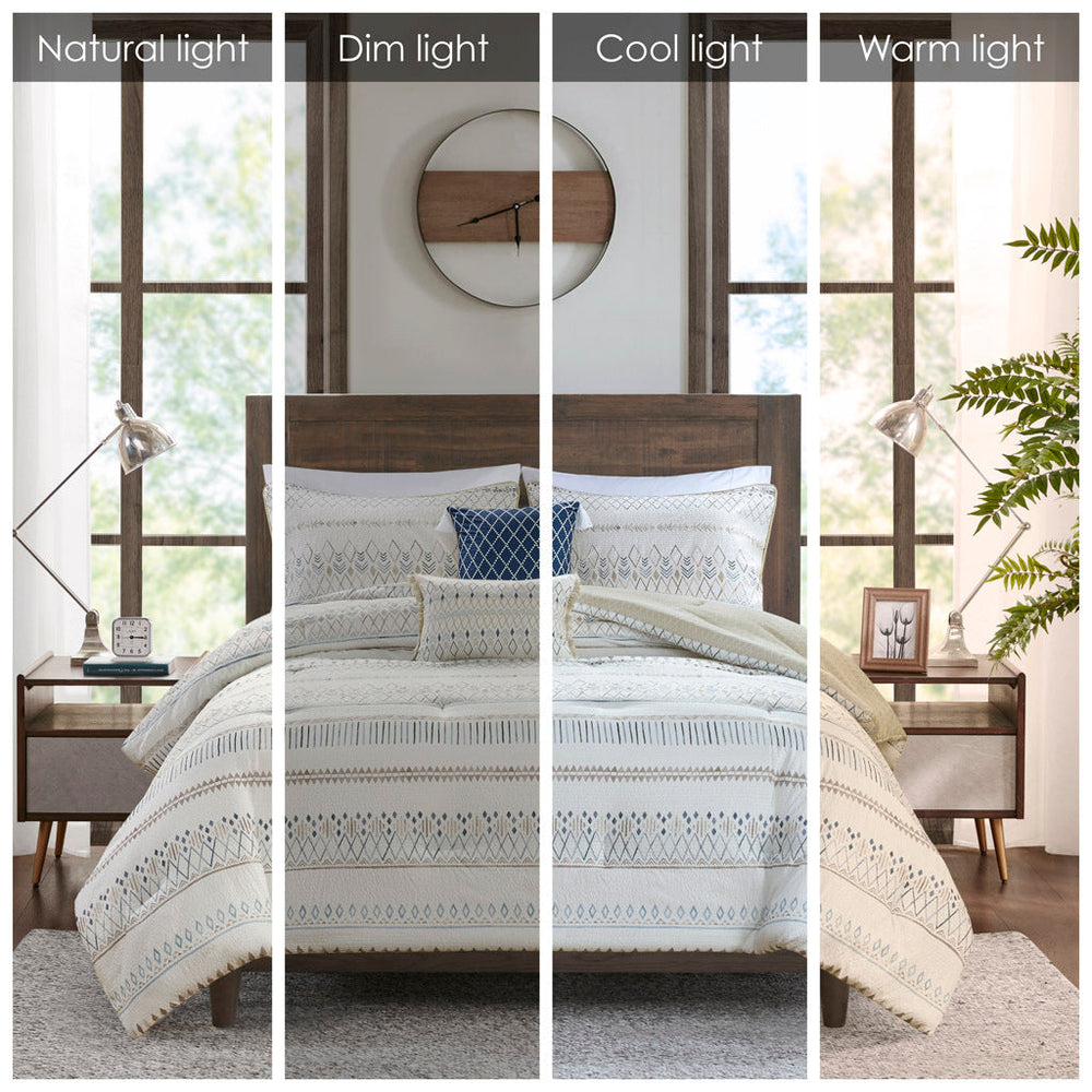 5 Piece Printed Seersucker Comforter Set with Throw Pillows Taupe/Blue Full/Queen Media 3