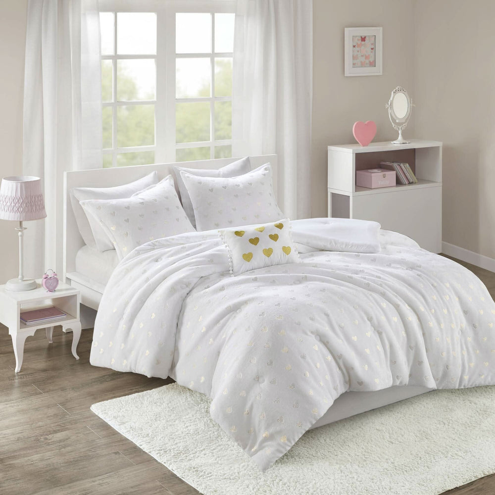 Plush Comforter Set White & Gold Heart Print 4 Piece Full Queen Bedding Includes Shams & Throw Pillow Media 7