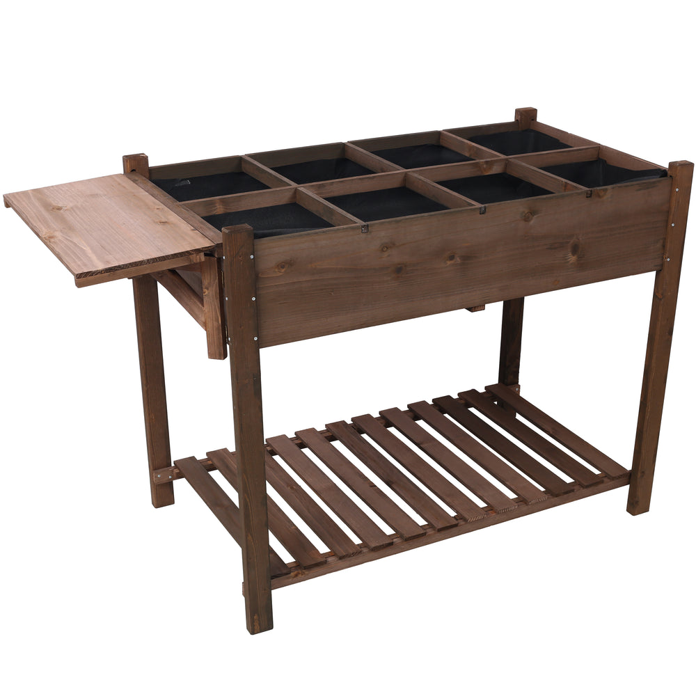 8 Pockets Horticulture Raised Garden Bed Elevated Wood Planter Box Stand with Foldable Side Table and Storage Shelf for Herb/Vegetables/Flowers, dark brown color Media 1