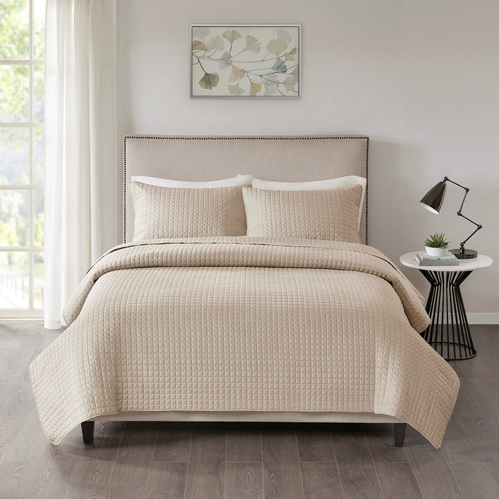 3 Piece Reversible Quilt Set Khaki Full/Queen Media 1