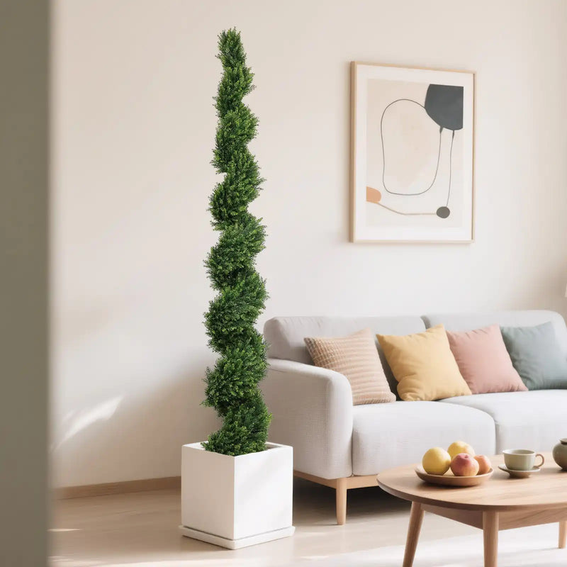 7FT Tall Artificial Two-Tone Cypress Pine Tree – Realistic Lifelike Faux Greenery with Natural Dual Color Leaves for Indoor Outdoor Home Office Decoration, Potted Fake Tree, 1pc/set