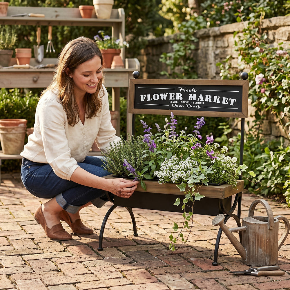 19x11x24' Rustic Brown Wooden Planter Stand with Black Iron Frame Media 6